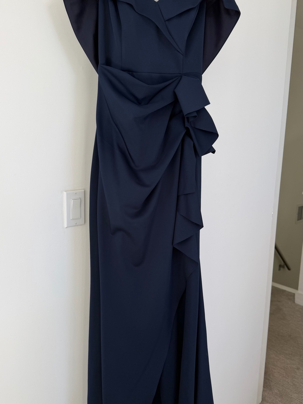 Xscape Navy Draped Maxi Gown
